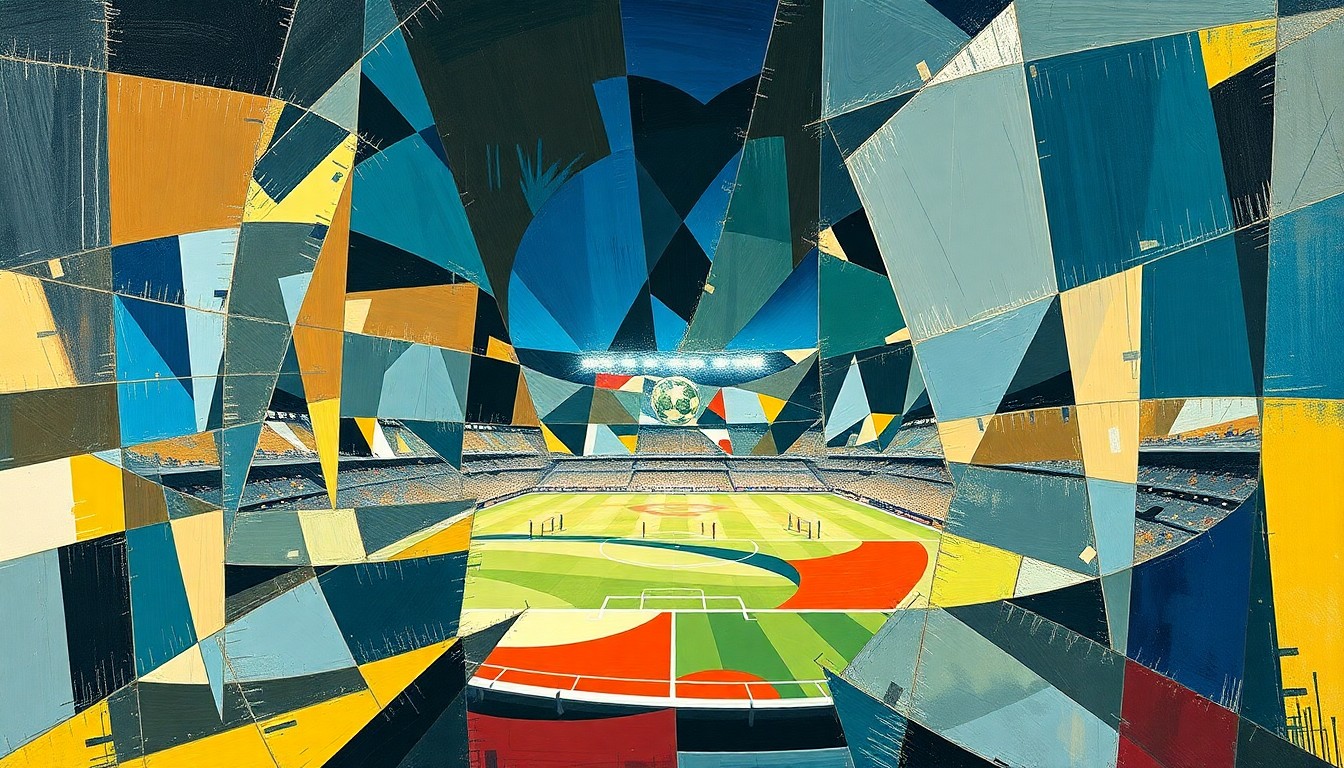 A cubist, geometric painting depicting a Champions League quarter-final match, with players and the field of play fragmented into sharp, overlapping planes of color and shape, conveying the intensity and excitement of the competition.