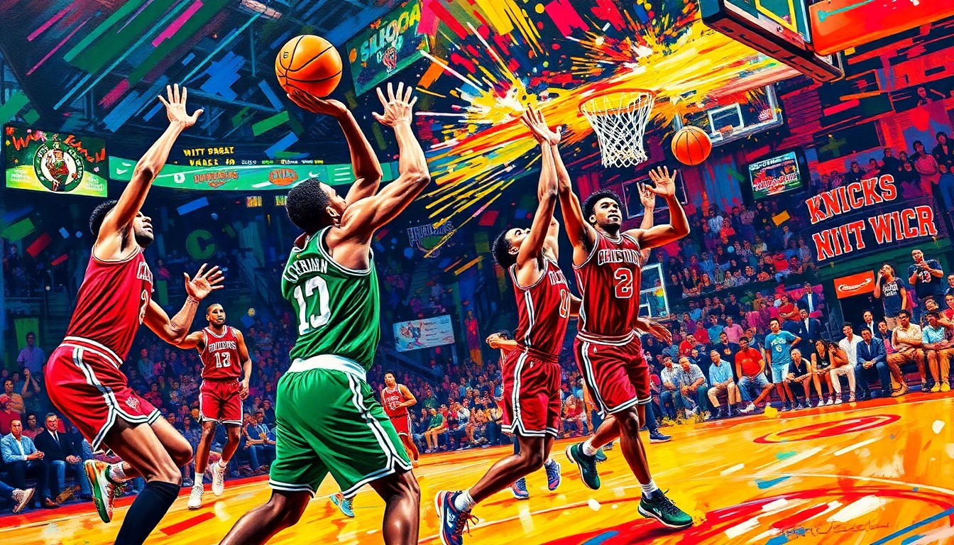 An abstract, energetic painting featuring bold, neon-colored brushstrokes and shapes that evoke the fast-paced action and 3-point shooting of an NBA game, capturing the intensity and excitement of the playoff race.