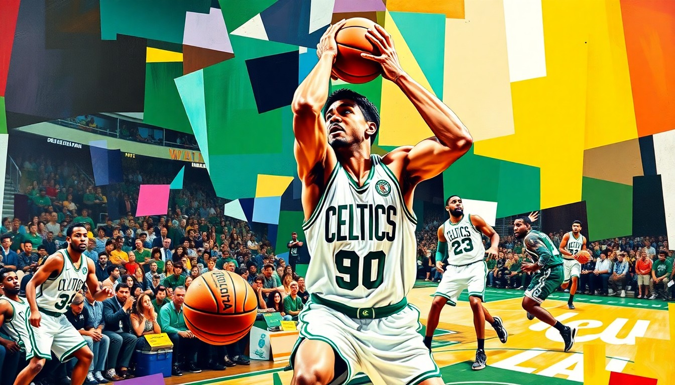 A cubist-style painting depicting a basketball game or match, with the players and court broken down into sharp, overlapping geometric shapes in vibrant green and white colors, representing the Celtics' uniform and the dynamic nature of Queta's play.
