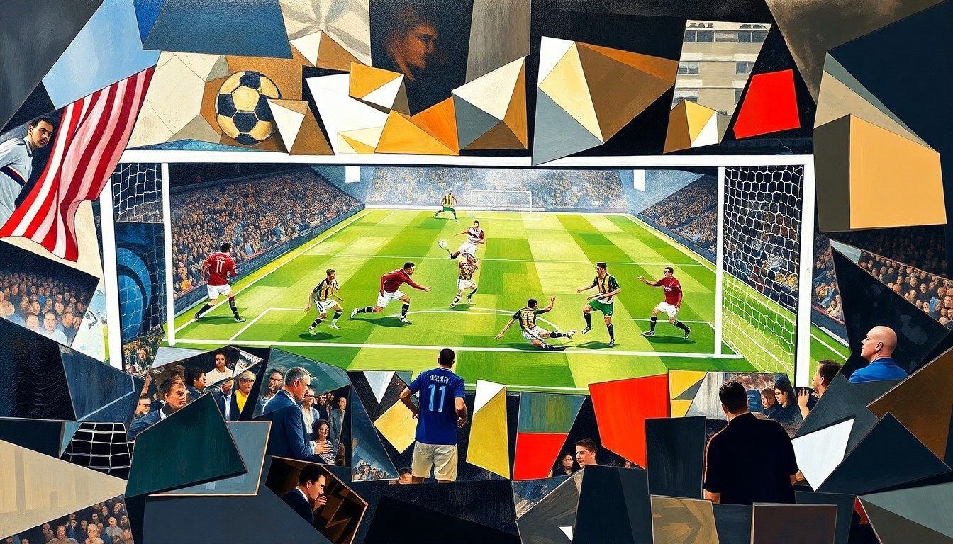 A fragmented, geometric painting depicting a Premier League soccer match, with the ball, players, and field all broken down into sharp, overlapping planes of color and shape, capturing the moment of the disputed goal in an abstract, conceptual manner.