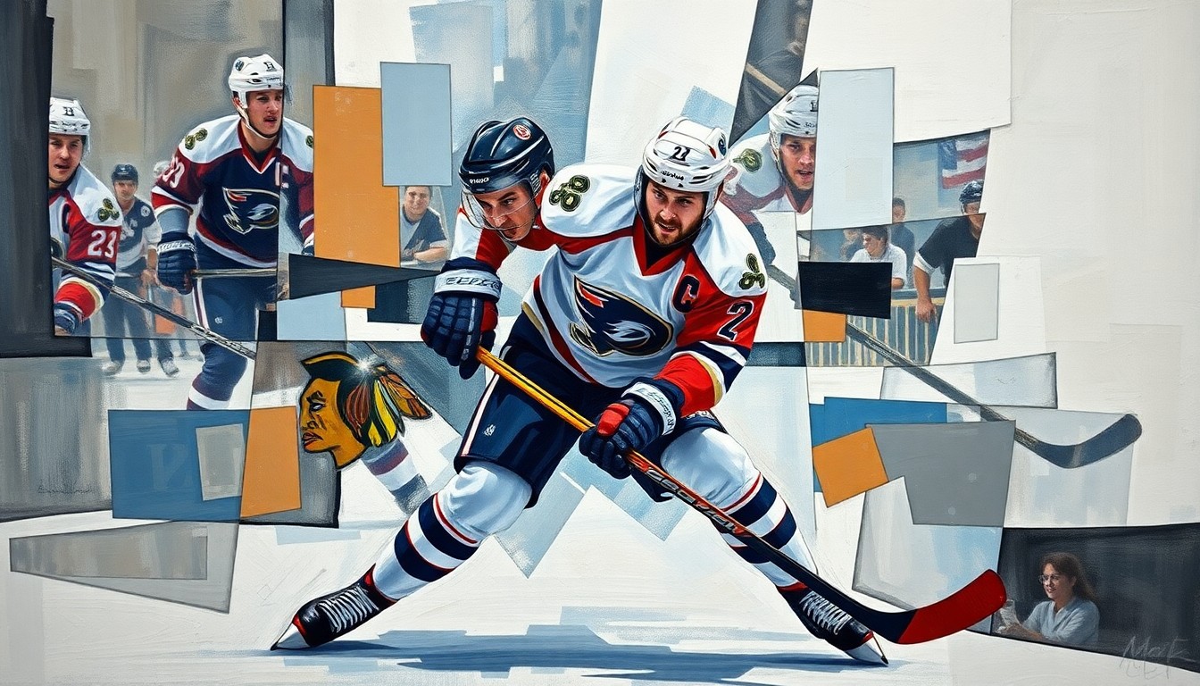 A fragmented, geometric painting depicting the dynamic movements and physicality of a hockey defenseman, with sharp, overlapping planes of color and form.