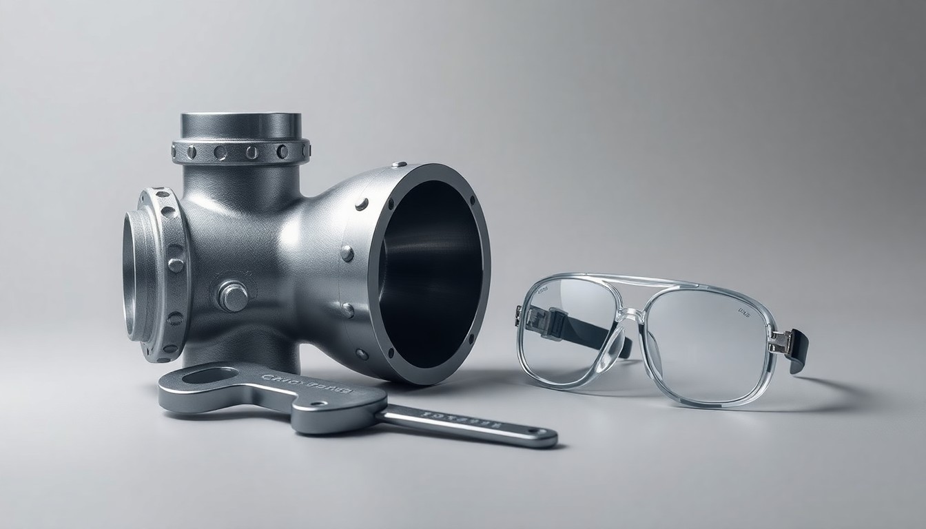 A minimalist studio still life featuring polished steel industrial objects arranged elegantly, conceptually representing the steel industry's focus on emissions control technology.