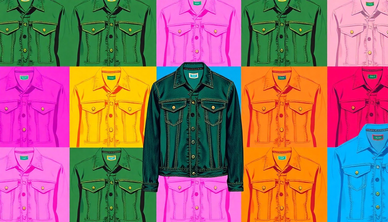 A high-contrast silkscreen print of a denim jacket repeated in a grid pattern, using bold neon colors and heavy black outlines to transform the everyday item into a modern pop art piece.