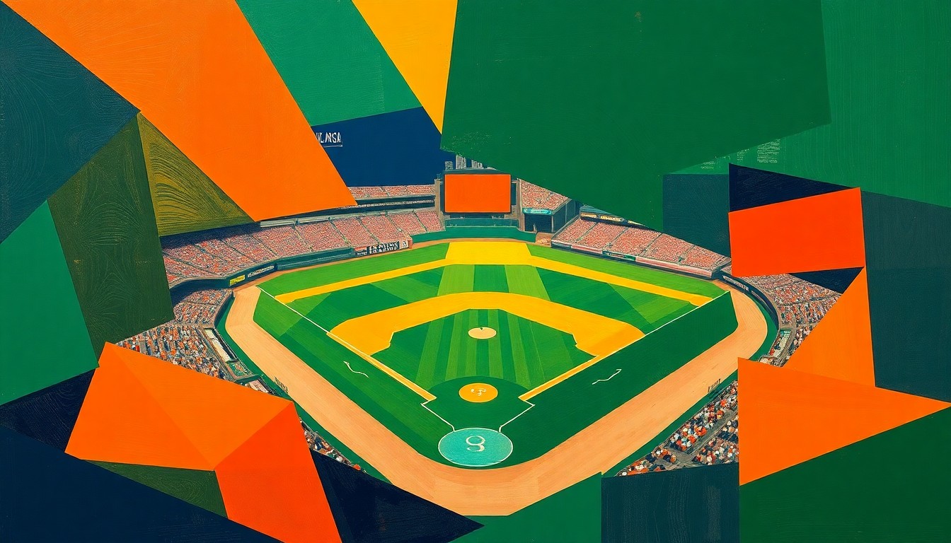 A cubist, geometric painting depicting the dynamic action of a baseball game, with sharp planes of color and overlapping shapes representing the players, field, and crowd.