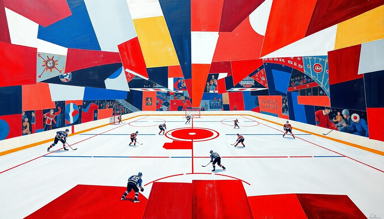 A cubist, geometric painting depicting a hockey game between two teams, with sharp, overlapping planes of color representing the action on the ice.