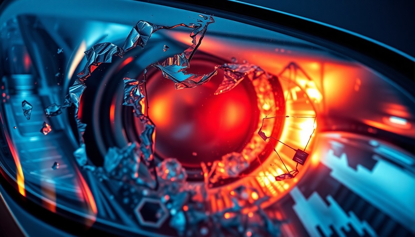 An extreme close-up of a shattered car headlight lens reflecting a faint red light, conceptually representing the aftermath of a severe intersection crash.