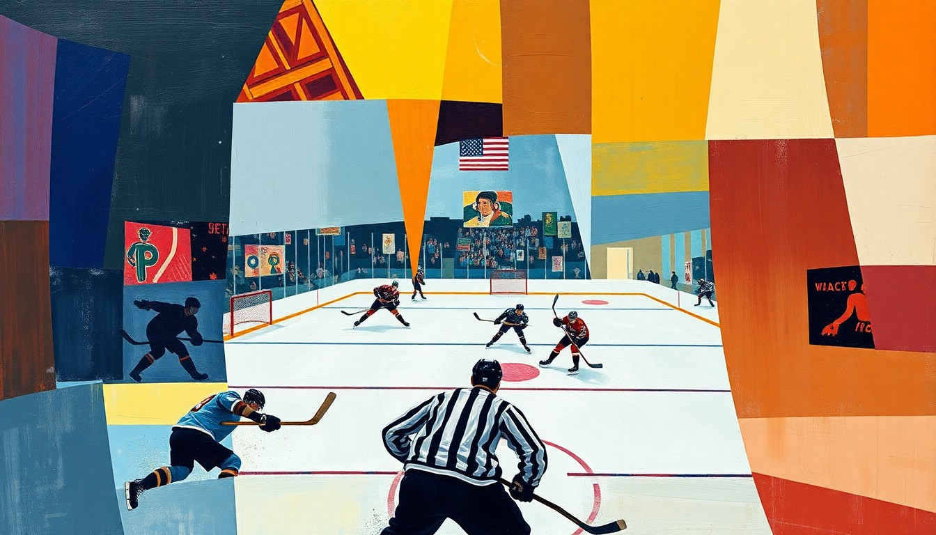 A cubist, geometric painting depicting a fragmented hockey game, with sharp planes of color and overlapping shapes representing the shifting dynamics in sports broadcasting.