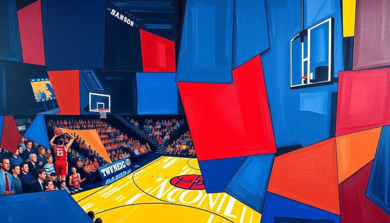 A cubist, geometric painting depicting a WNBA basketball game, with the players and court broken down into sharp, overlapping planes of navy, crimson, and yellow, conveying the dynamic and international nature of the league's expansion.