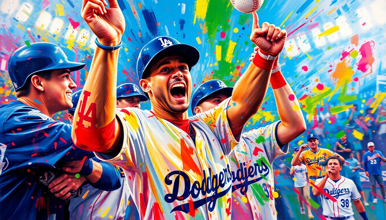 An abstract expressionist painting in neon colors, with rapid brushstrokes capturing the raw energy and celebratory emotions of a baseball game's climactic moments, players' faces and uniforms dissolving into unrecognizable splatters of color.