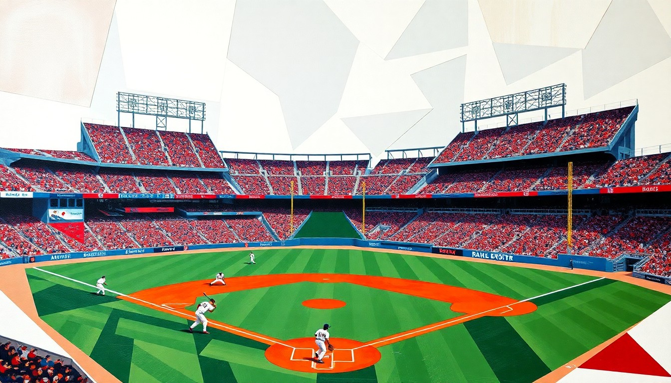 A cubist, geometric painting that breaks down a Red Sox baseball game into abstract shapes and angles, with the team's colors of red, white, and navy blue used throughout the composition.
