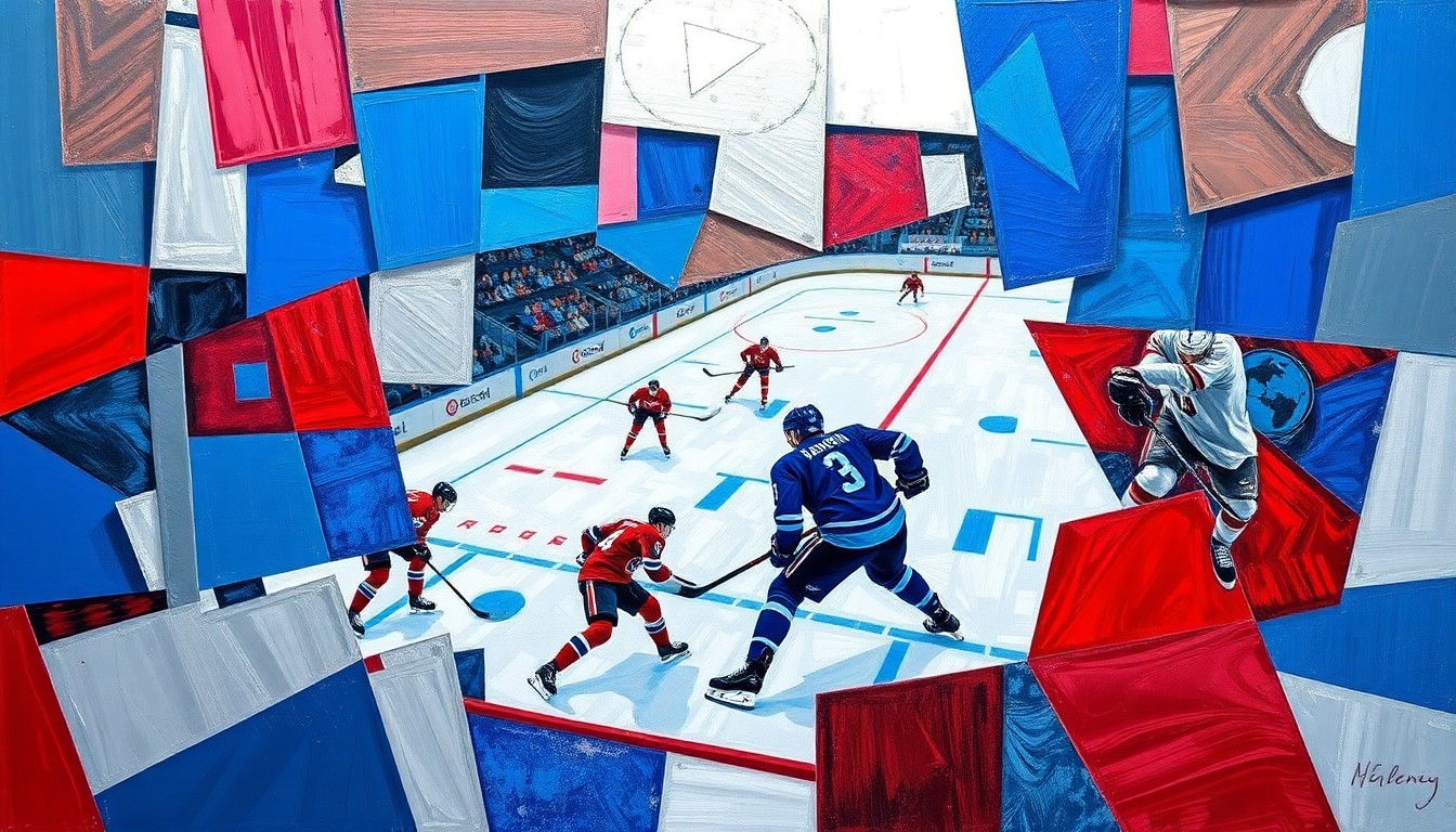 A cubist-style painting depicting a hockey game broken down into sharp, overlapping geometric shapes in vibrant colors, capturing the chaotic and unpredictable nature of the sport's injuries.