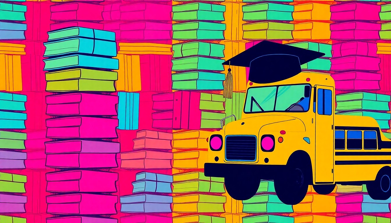 A bold, colorful silkscreen illustration featuring repeating images of school supplies and transportation, representing the multifaceted approach to improving student outcomes in Ohio.