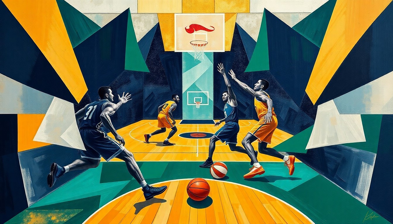 A cubist, geometric painting depicting a basketball game in motion, with the players' forms broken down into angular, overlapping shapes in a vibrant color palette, capturing the energy and dynamism of the sport.
