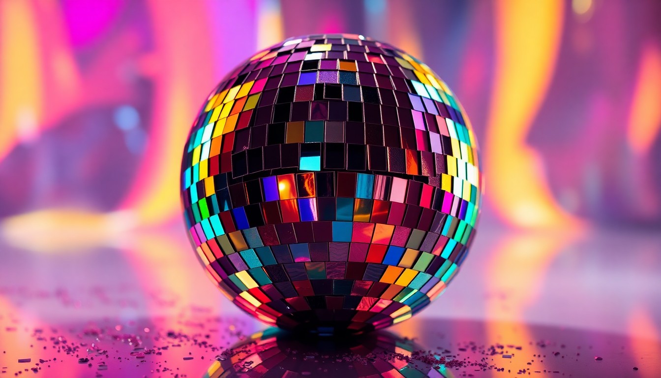 An abstract close-up photograph of a shattered disco ball, capturing a dazzling array of reflective colors and textures under dramatic studio lighting, conceptually representing the evolution of a musical icon's personal brand.