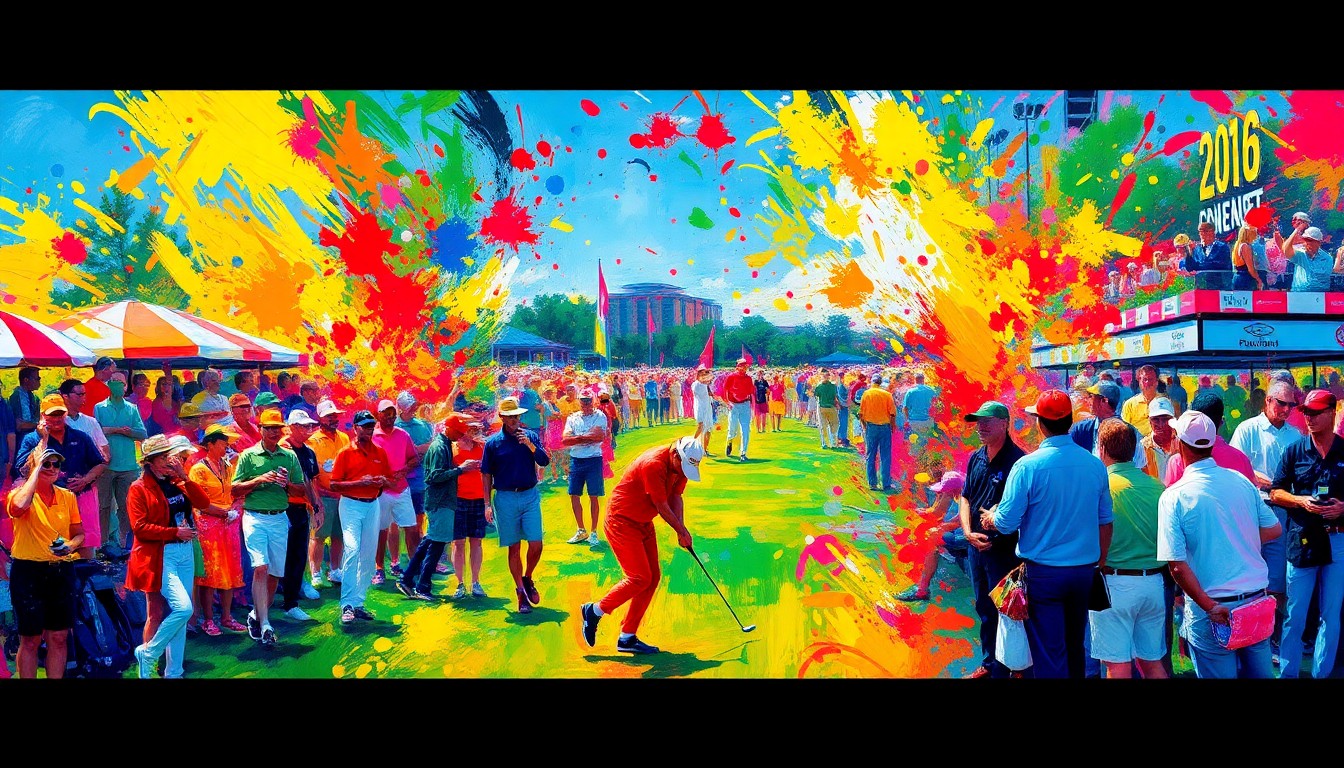 An abstract, expressionist painting in vibrant neon colors, capturing the energy and movement of a golf tournament, with players, spectators, and concession stands blending together in a dynamic, painterly composition.
