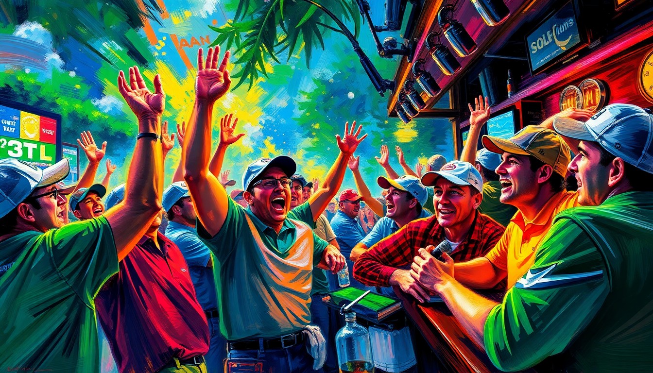 An abstract, energetic painting in vibrant neon colors, depicting the lively atmosphere of a crowded sports bar filled with enthusiastic golf fans cheering and celebrating.