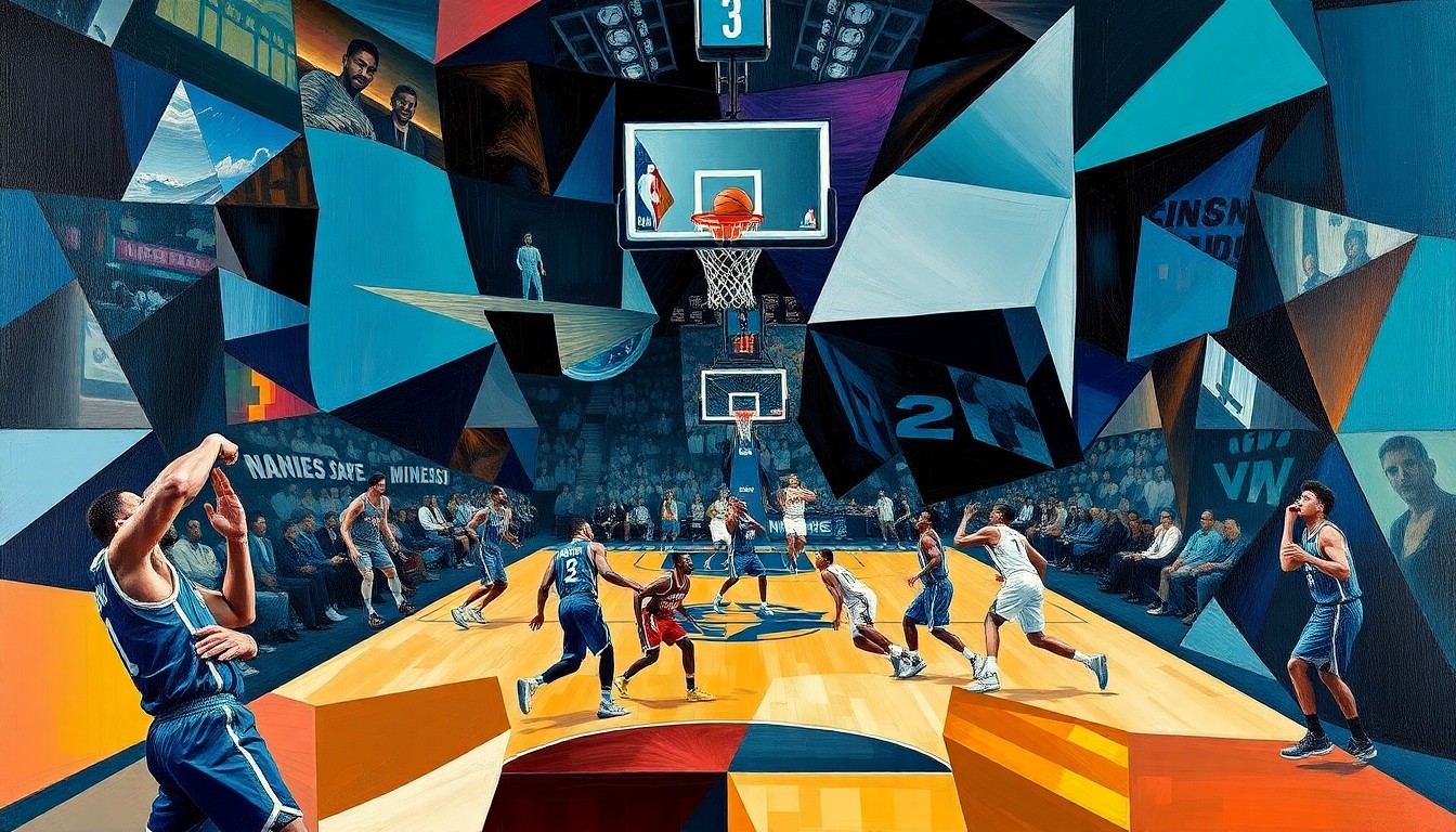 A fractured, multi-perspective painting in a cubist style, capturing the energy and movement of a basketball game between the Charlotte Hornets and Minnesota Timberwolves. The players' forms are broken down into sharp, overlapping geometric planes, creating a dynamic and abstract representation of the game's action.
