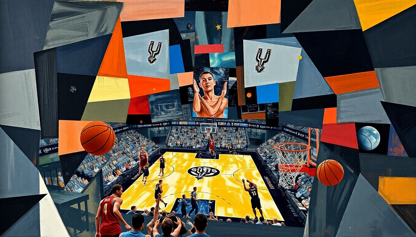 A cubist, geometric painting depicting a Spurs basketball game, with players and the court broken down into sharp, overlapping planes of color and shape, conveying the team's collective approach to the game.