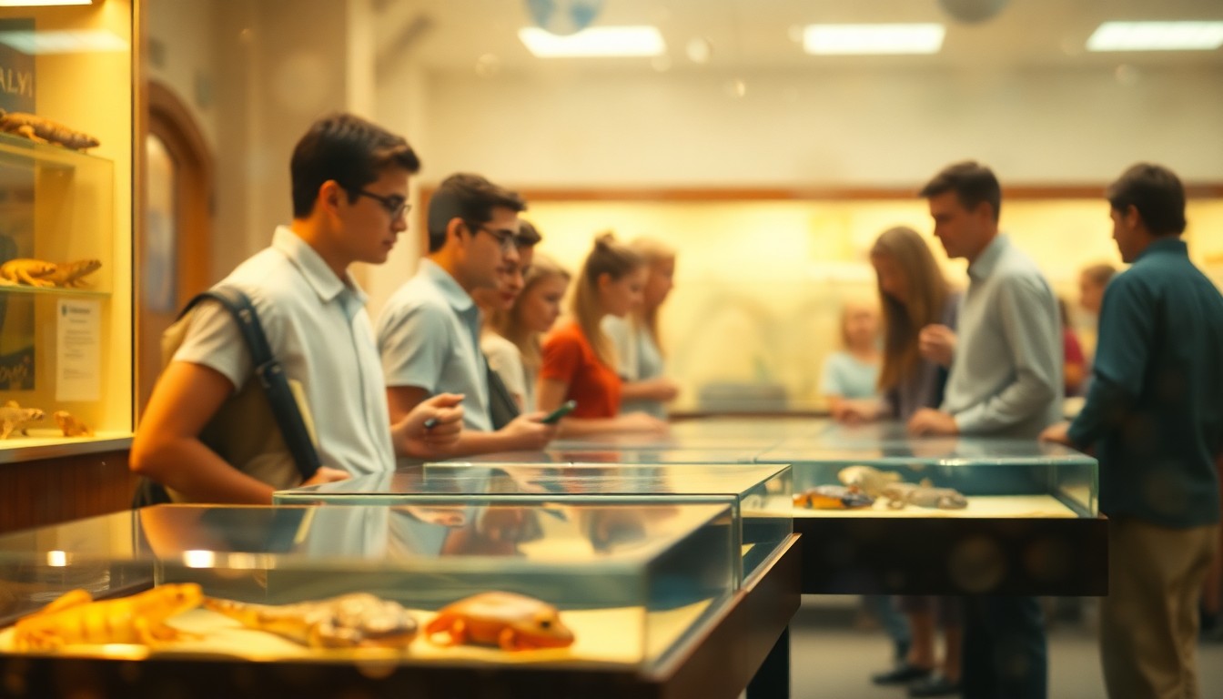 An abstract, out-of-focus image depicting a group of people examining various amphibian specimens and educational displays, with soft, warm pools of light and color creating a dreamlike, atmospheric scene.