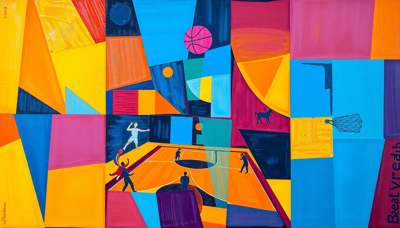 A fractured, cubist-style painting depicting a basketball game, with the court and players broken down into sharp, overlapping geometric shapes in a vibrant color palette, conveying the idea of financial literacy being woven into the fan experience.