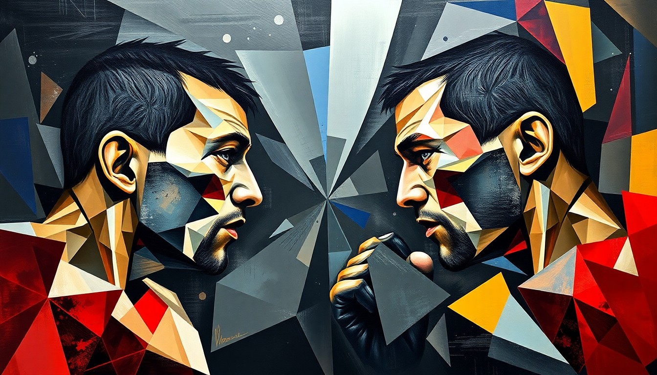 A fractured, multi-perspective painting in the style of Pablo Picasso, breaking down a UFC fight into sharp, overlapping geometric planes, conceptually representing the strategic and technical mastery of one fighter over another.