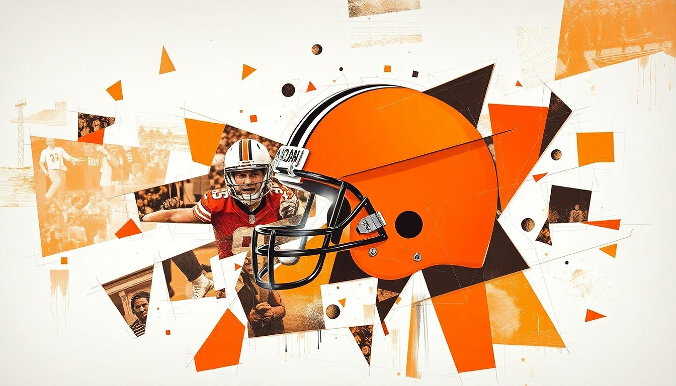 A fragmented, cubist-style painting depicting an NFL draft scene, with sharp geometric shapes in the Browns' team colors of burnt orange, brown, and white, conveying the intricate trade-offs and strategic considerations facing the franchise.