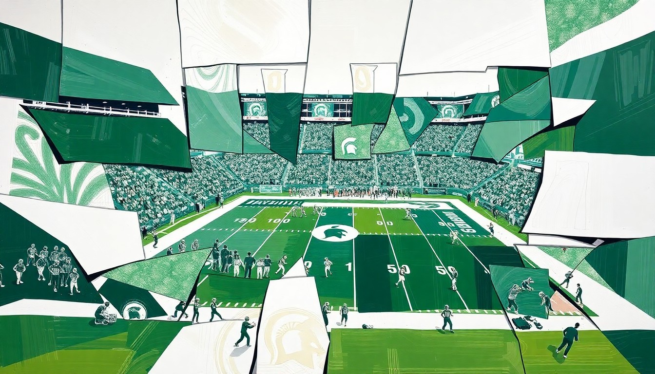 A fragmented, geometric painting depicting a Michigan State football practice or game, with sharp planes of green and white representing the team's colors and the chaotic energy of the sport.