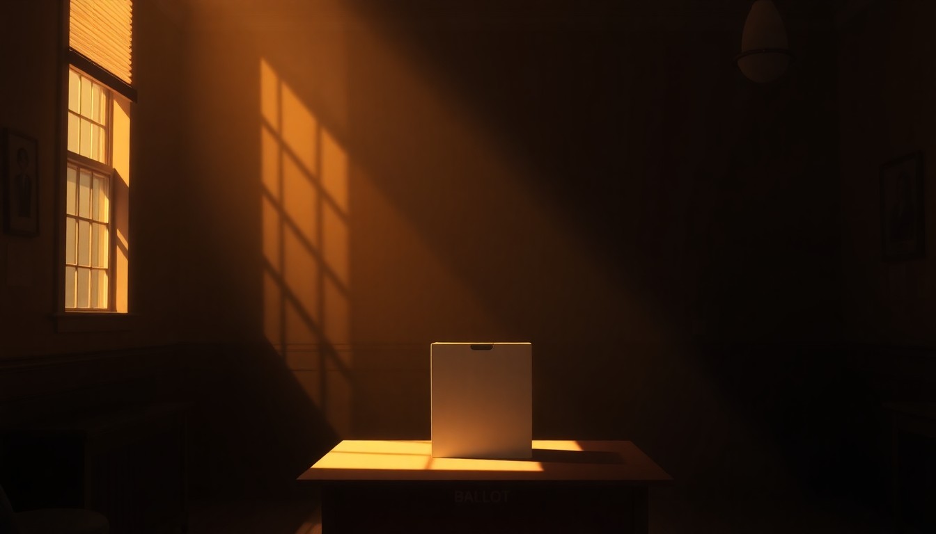 A cinematic painting depicting a solitary ballot box sitting on a table in a dimly lit government office, the box bathed in warm, diagonal sunlight and surrounded by deep shadows, conveying a sense of tension and uncertainty around the role of law enforcement in the electoral process.