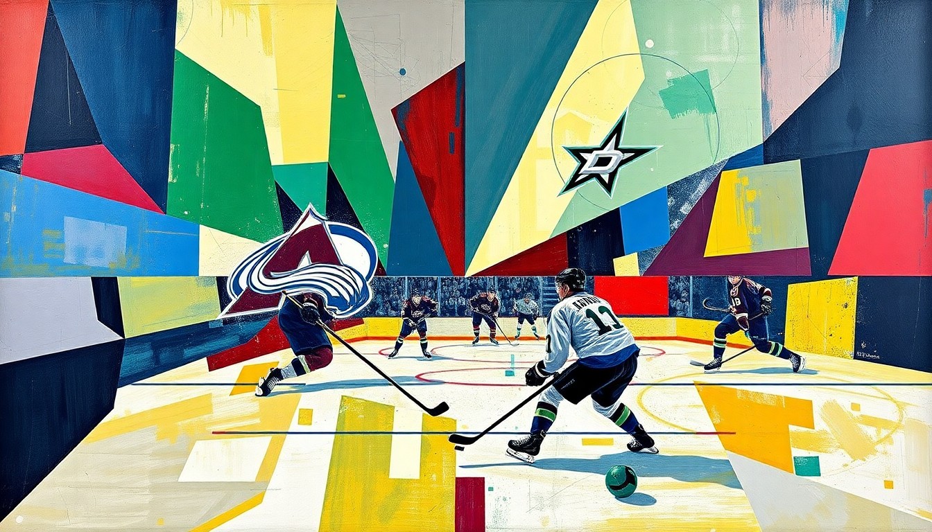 A fractured, geometric painting depicting a hockey game in progress, with players and the puck represented as abstract shapes and forms, conveying the intensity and strategic nature of the matchup between the Colorado Avalanche and Dallas Stars.