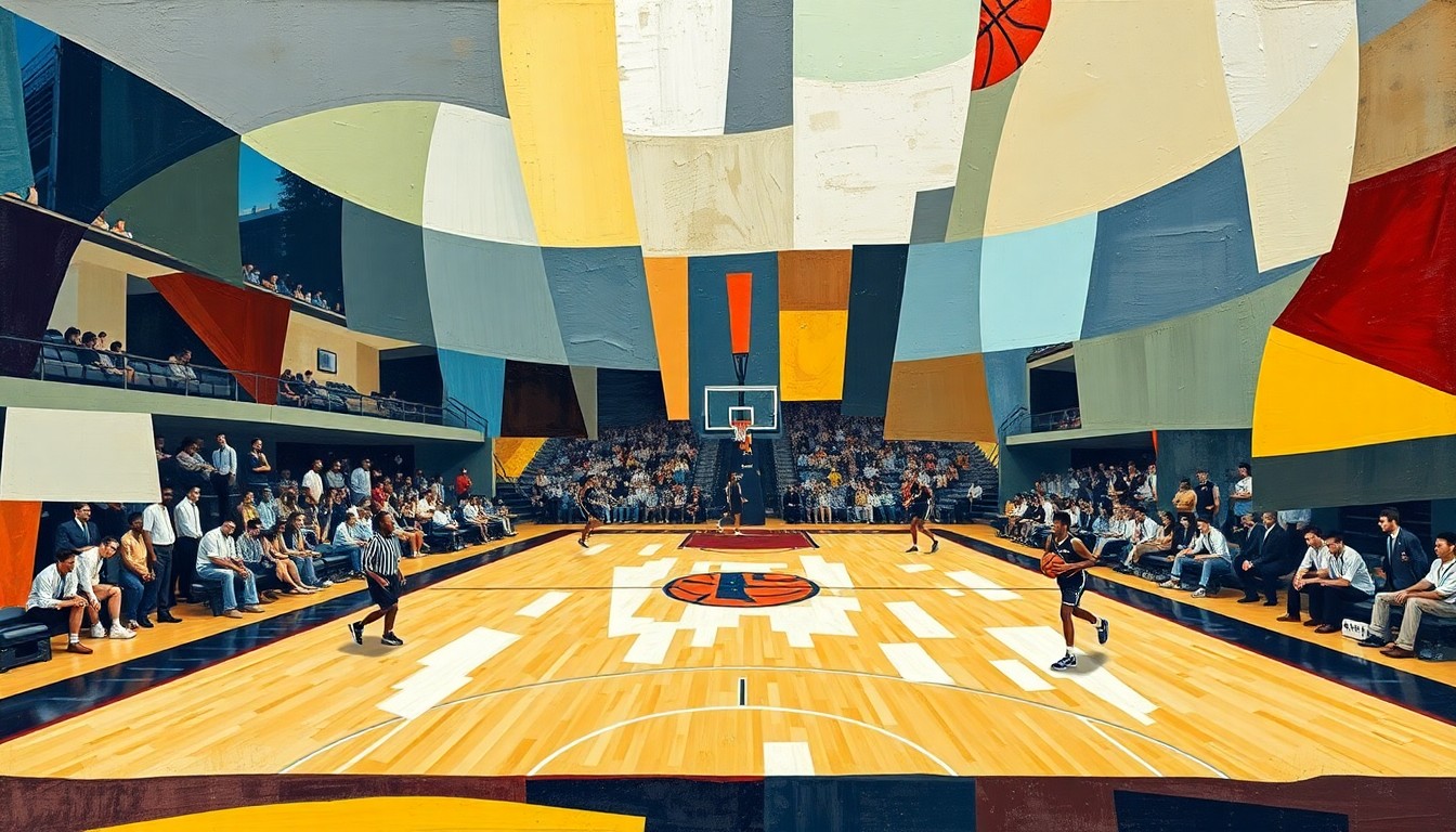 A cubist, geometric painting depicting a fragmented, multi-perspective view of a college basketball game, with the players and court broken down into abstract shapes and planes of color.