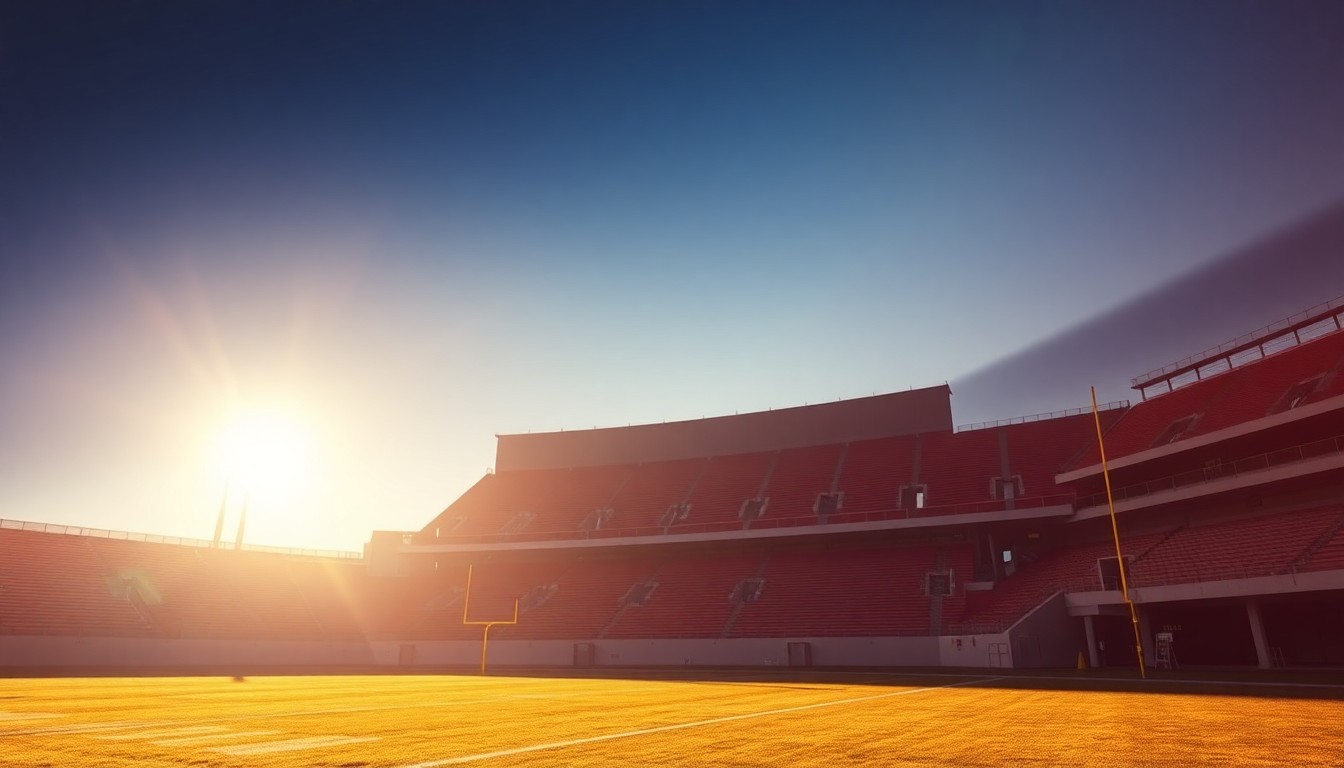 A cinematic painting of an empty college football stadium, with warm sunlight casting long shadows across the empty seats and field, conveying a sense of quiet contemplation about the changing landscape of amateur athletics.