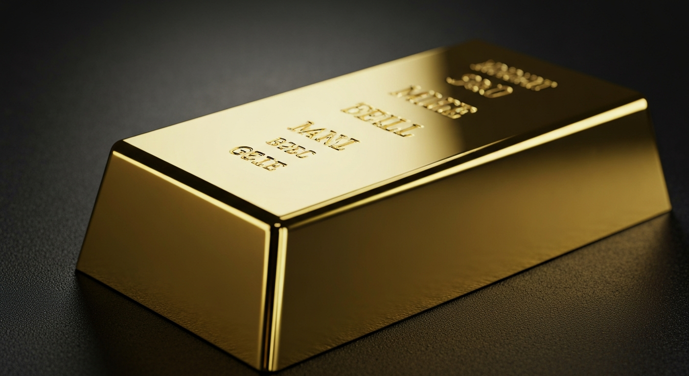 An extreme close-up of a heavy, gleaming gold bar resting on a dark, industrial surface, conveying the tangible power and security of precious metals as a financial asset.