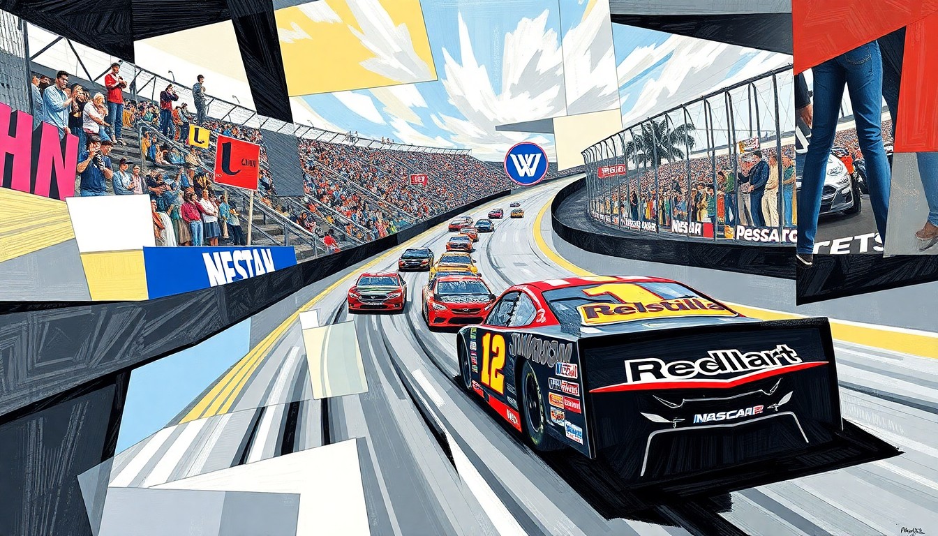 A cubist-style painting depicting a NASCAR race broken down into sharp, overlapping geometric shapes, conveying the strategic complexities faced by crew chiefs like Alan Gustafson.