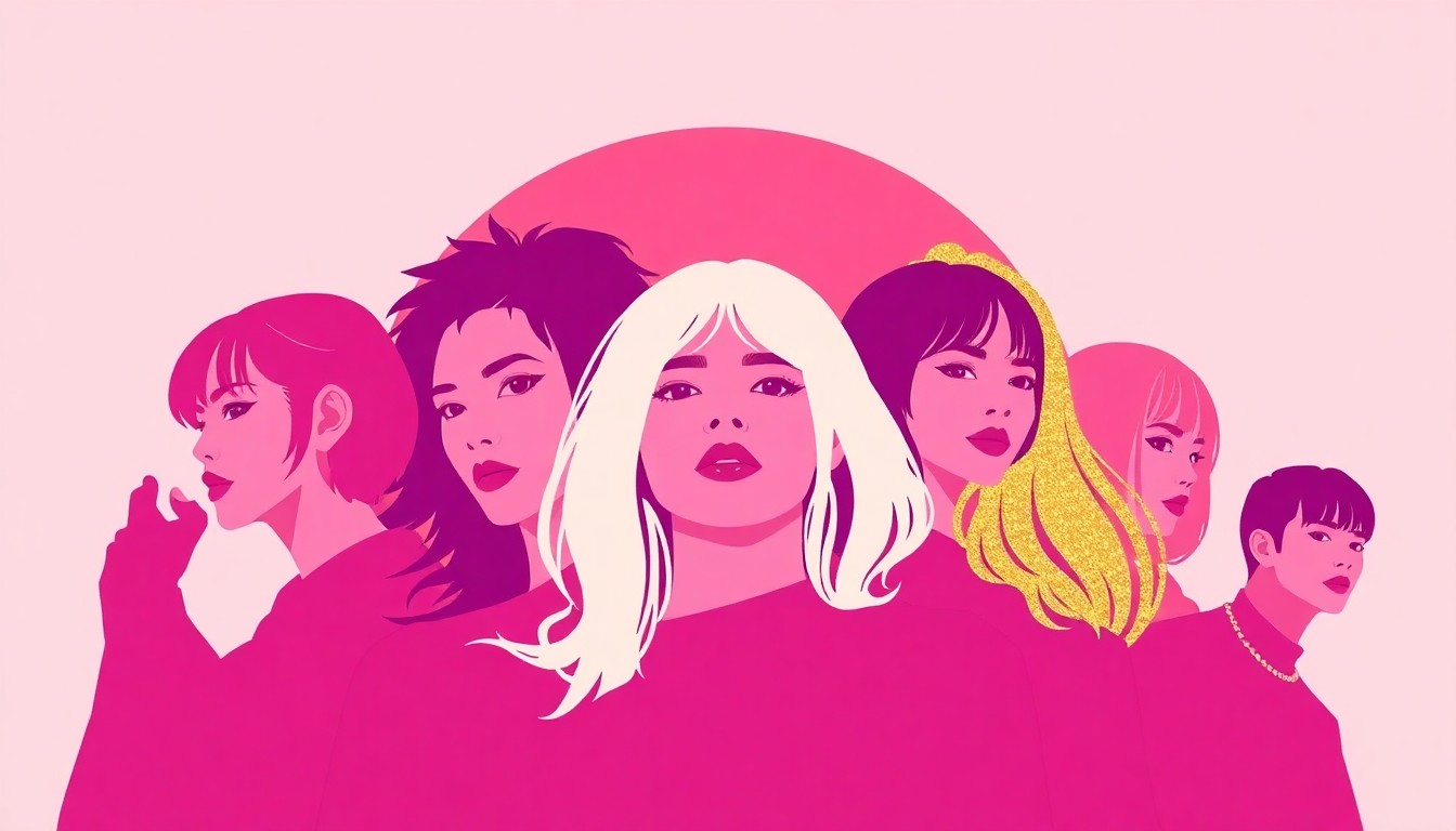 A vibrant, abstract composition of jagged, overlapping geometric shapes in shades of pink, purple, and gold, conceptually representing the unexpected collaboration between the musical act Katseye and the singers behind the fictional K-pop group 'KPop Demon Hunters'.
