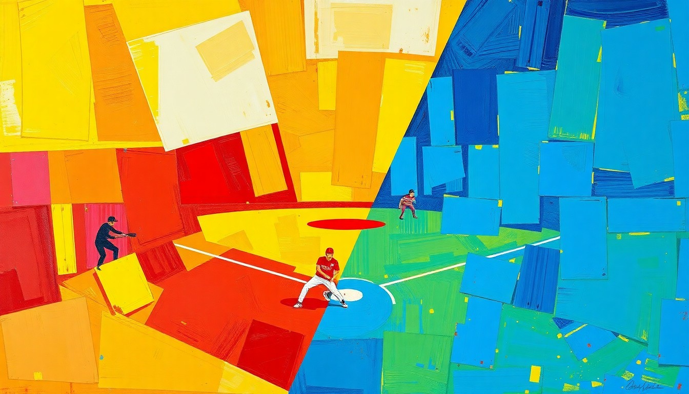 A dynamic, cubist-style painting depicting the action and energy of a high school softball game, with players and the field broken down into sharp, overlapping geometric shapes and planes of vibrant colors.
