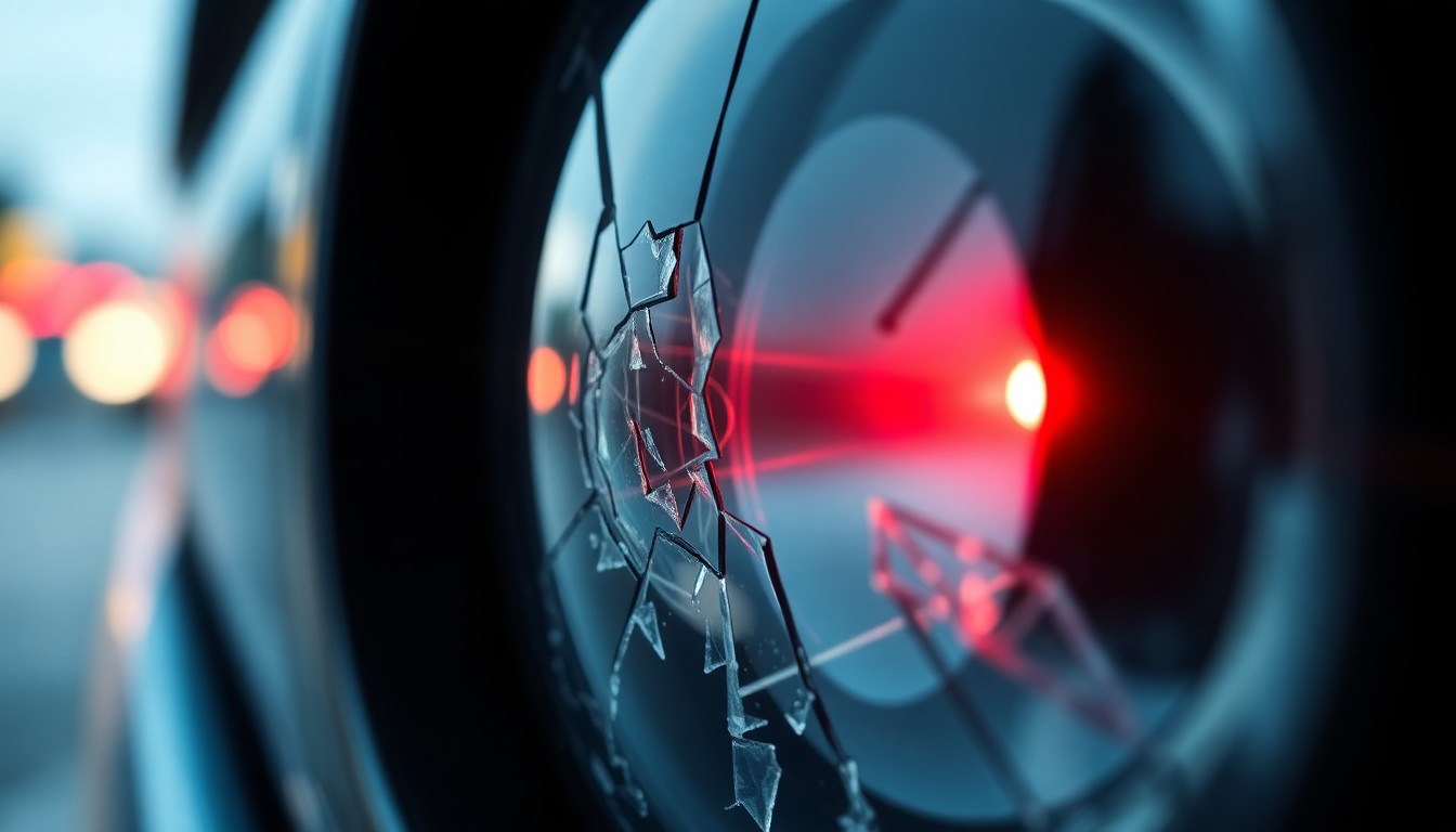 An extreme close-up of a shattered car sensor lens reflecting a faint red light, conceptually illustrating the vandalism of self-driving cars.