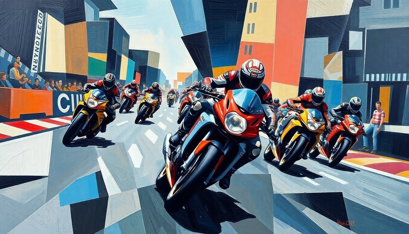 A cubist-style painting depicting a motorcycle race broken down into sharp, overlapping geometric shapes and planes, conveying the technical complexity and high-stakes nature of the sport.