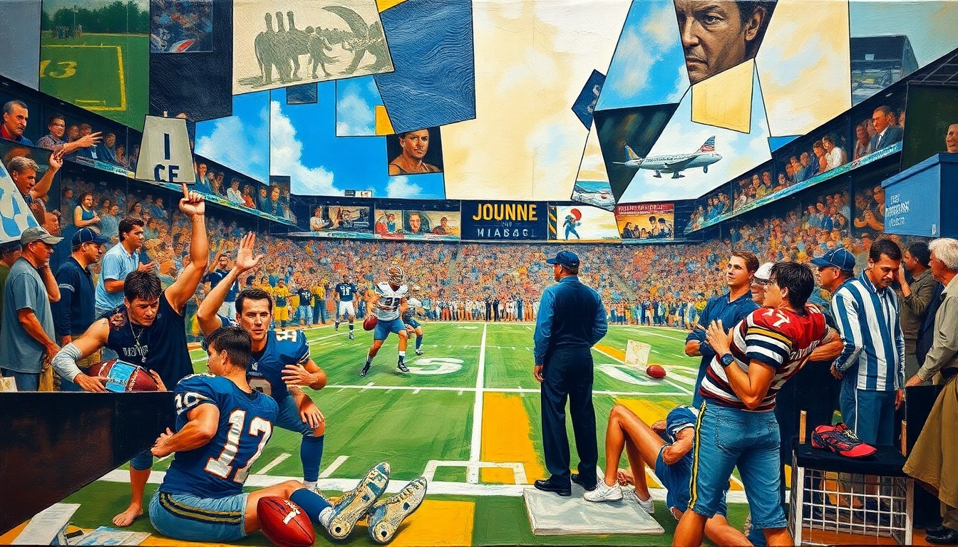 A cubist-style painting depicting a fragmented, geometric interpretation of a football coaching scene, with overlapping shapes and planes representing the strategic elements of the game.