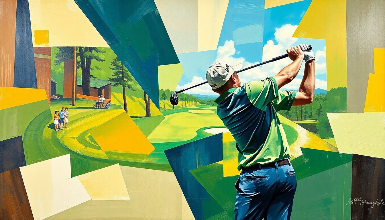 A cubist, geometric painting depicting a golfer's swing and the Masters tournament in an abstract, fragmented style, conveying the complex emotions and priorities surrounding Scottie Scheffler's decision-making process.