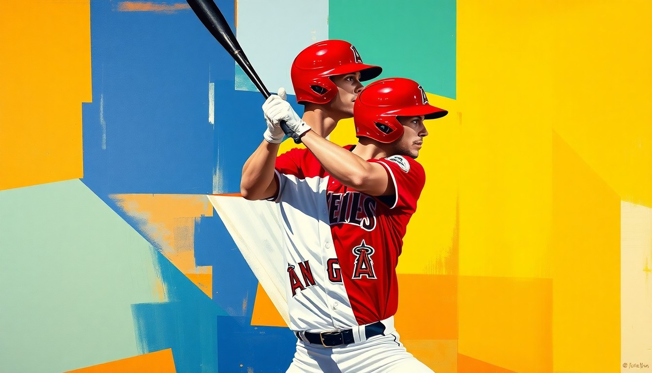 A fractured, multi-perspective painting depicting Kyren Paris's baseball swing and at-bats, with sharp, overlapping geometric planes in vibrant colors representing the Angels' uniforms. The conceptual illustration captures the challenges Paris faced in adjusting to major league pitching.