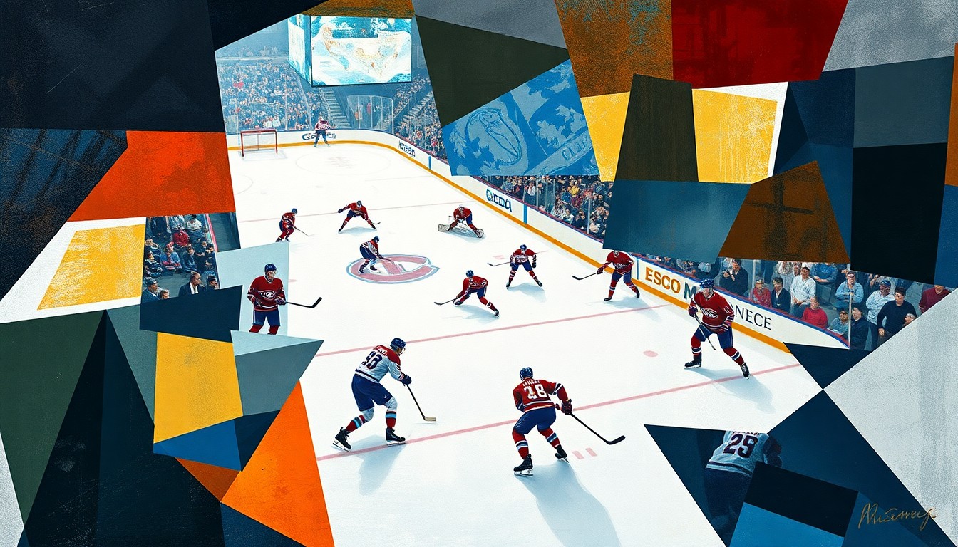 A cubist, fragmented painting depicting a Canadiens hockey game, with the players' movements and the energy of the game expressed through sharp, overlapping geometric shapes and planes.