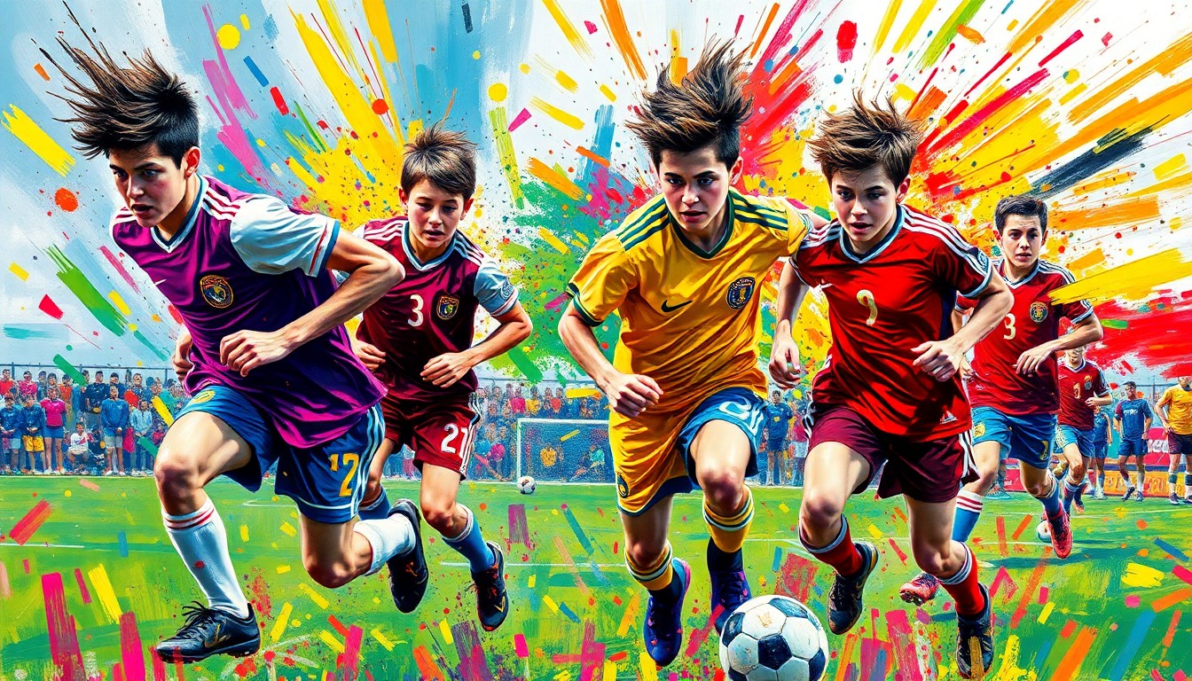 An abstract, expressionist painting in vibrant neon colors capturing the dynamic movement and energy of a high school soccer match, with players' forms dissolving into colorful brushstrokes.