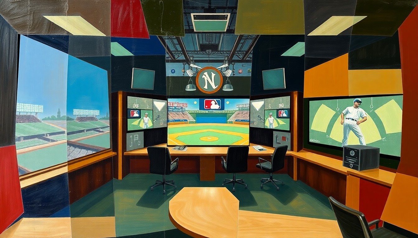 A cubist, geometric painting depicting a fragmented and deconstructed view of a baseball broadcast booth, capturing the disruption caused by Hernandez's absence.