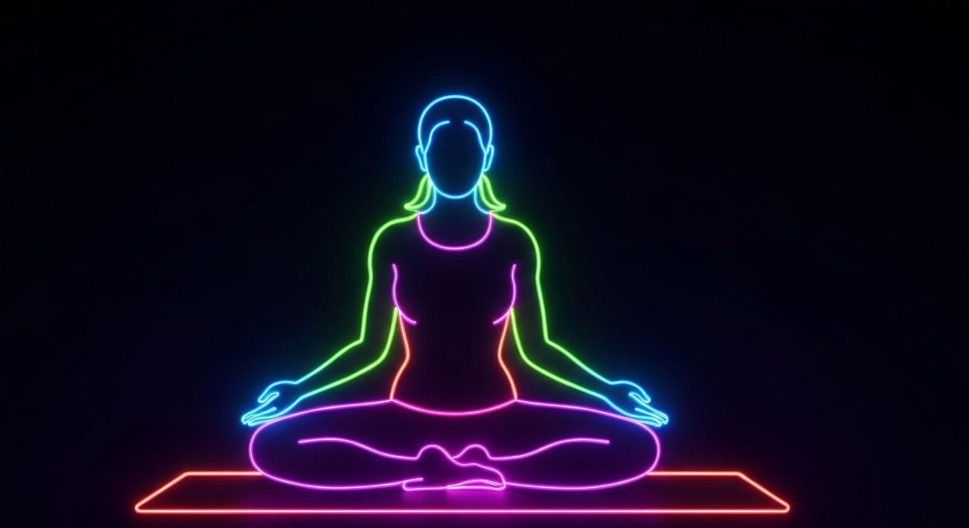 A minimalist, neon-outlined illustration of a person in a yoga pose, representing the holistic wellness focus of the Carson City community.