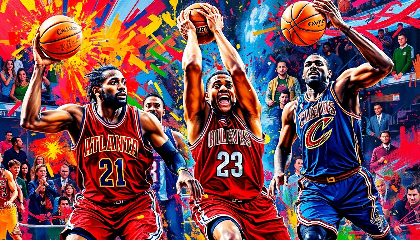 A vibrant, expressionist painting depicting the fast-paced action of a basketball game, with players' figures dissolving into colorful brushstrokes and splatters of paint, capturing the raw energy and excitement of the Hawks' playoff-clinching win.