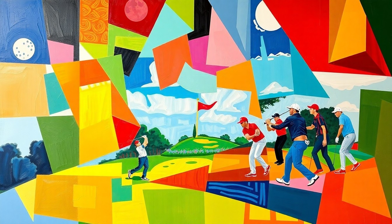 A cubist, geometric painting depicting a golf tournament, with sharp, overlapping planes of color representing the players and action on the course.