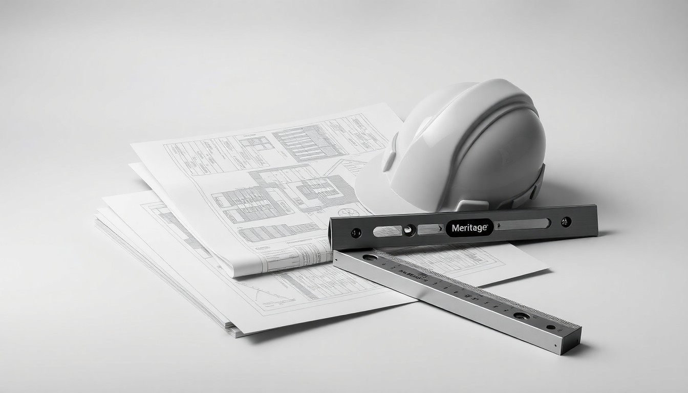 A photorealistic studio still life featuring a stack of architectural blueprints, a hardhat, and a construction level, arranged elegantly on a clean, monochromatic background, symbolizing the challenges facing the homebuilding industry.