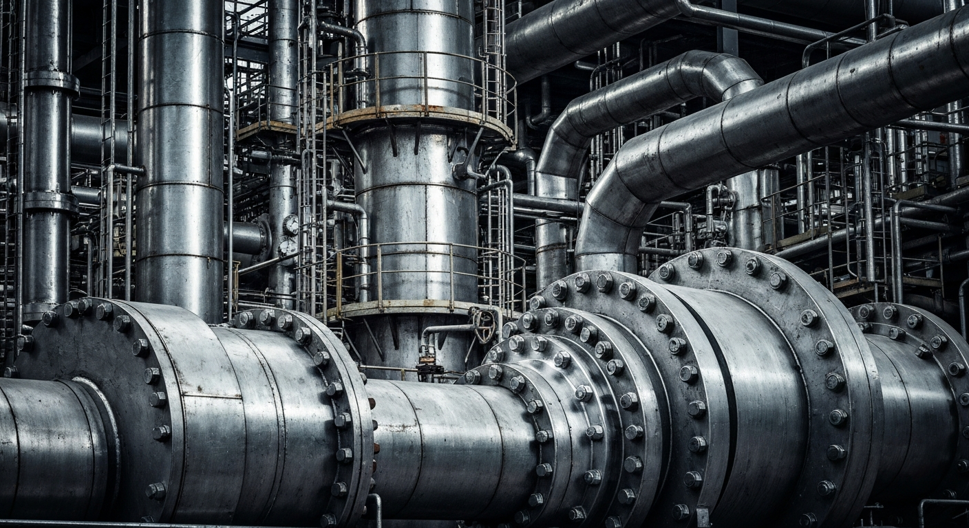 An extreme close-up of industrial refining equipment and machinery, capturing the scale and complexity of the energy industry without any text or human elements.