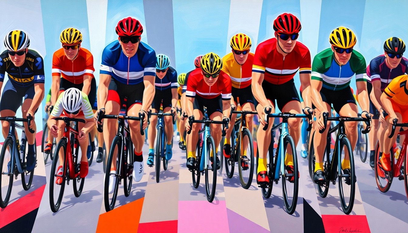 A cubist, geometric painting depicting the Tour of Flanders cycling race, with the peloton fractured and overlapping in sharp, vibrant planes of color, capturing the chaos and drama of the unexpected train crossing incident.