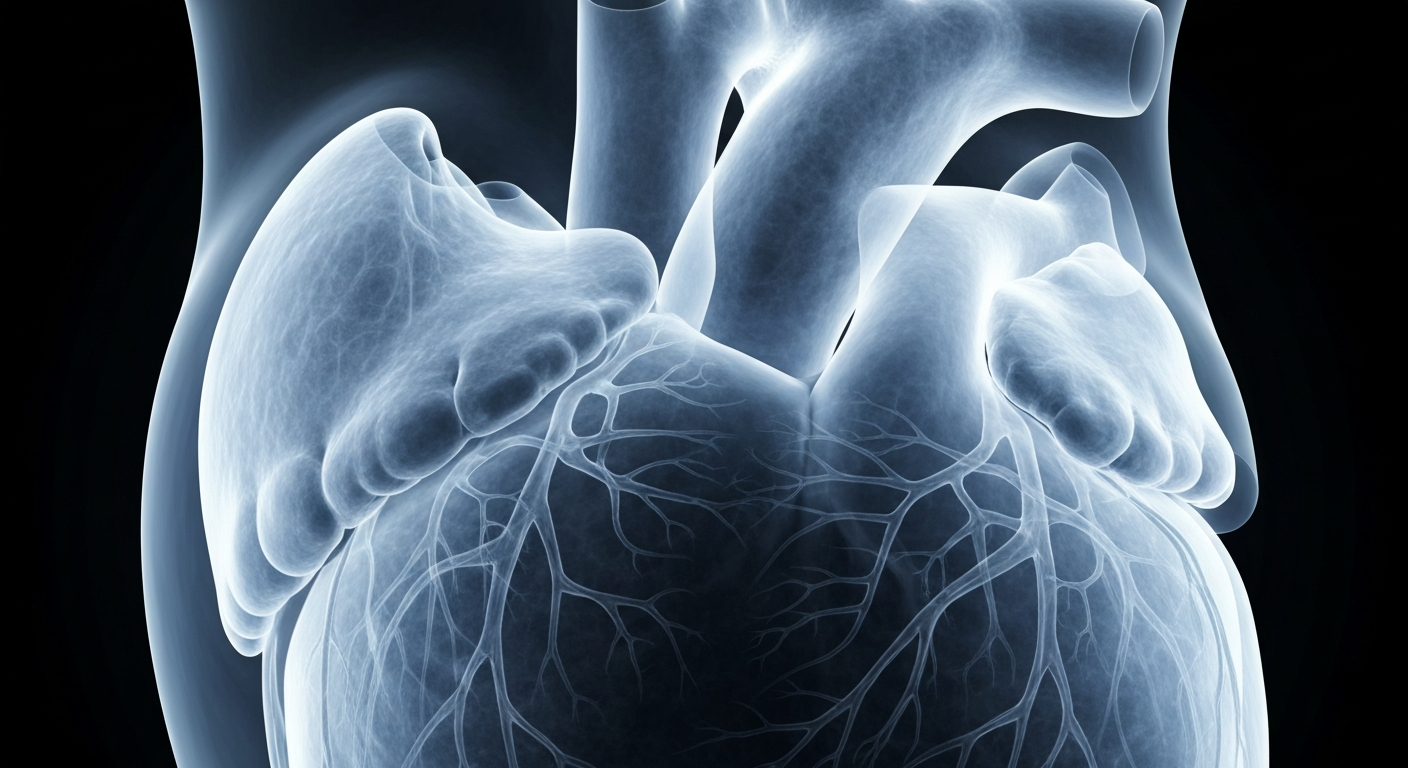 A translucent, ghostly X-ray image of a human heart, its intricate structure glowing against a dark background, conveying the nuanced balance between the benefits and risks of high-intensity exercise.